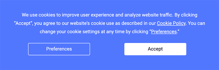 Blue consent banner with a Preference button and an Accept button.