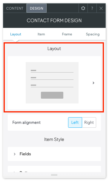 The design menu for the contact form widget is open. The section where you can use arrows to select a layout is outlined in red.