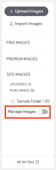 Linke Seitenleiste des Medienmanagers mit ausgewählter Option „Bilder verwalten“.