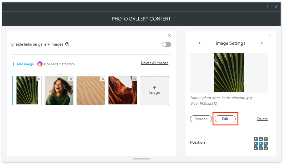 Fotogalerie-Widget mit geöffnetem Bildauswahl-Dialog. Die Schaltfläche „Bearbeiten“ ist rot umrandet.