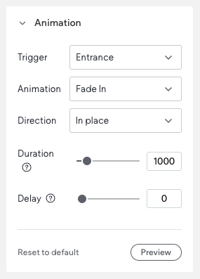Panel for a widget open to the animation section. Available animation settings are listed.