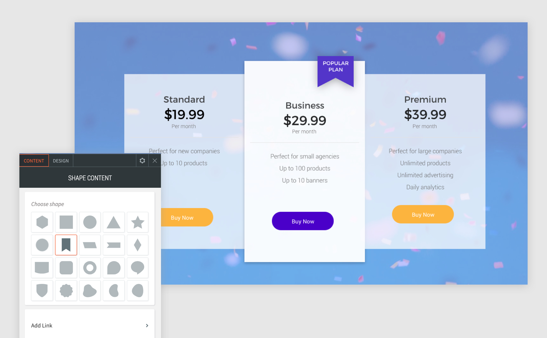 Shape widget with the context menu open and the ribbon shape selected to show you can use the widget to display plans
