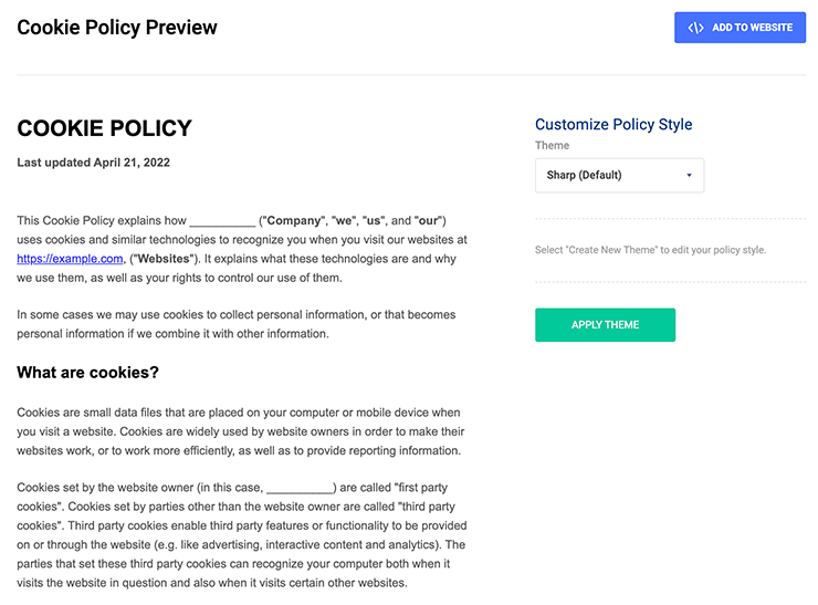 Cookie policy in several paragraphs. Black text on white background.