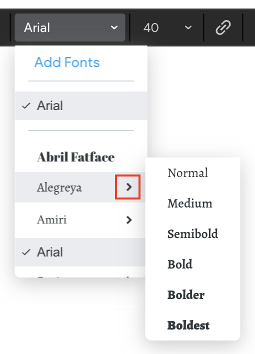 List of fonts with one selected and displaying all available font weights.