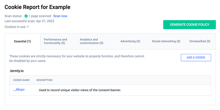 Example dashboard for a cookie report. Report has tabs and tables showing results.