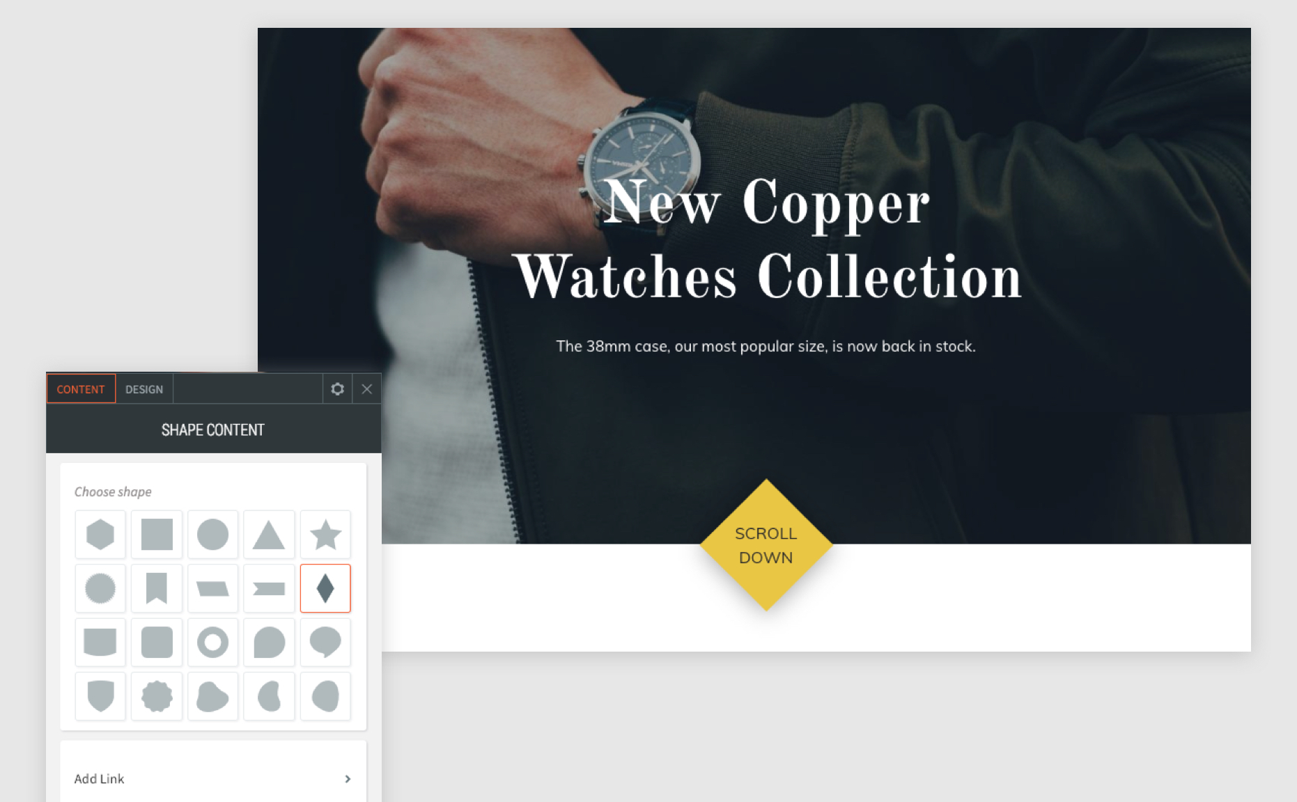 The shape widget with the context menu open and the diamond shape selected to show you can use it as a scroll button