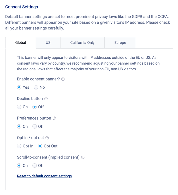 Consent settings in various tabs for different locations.
