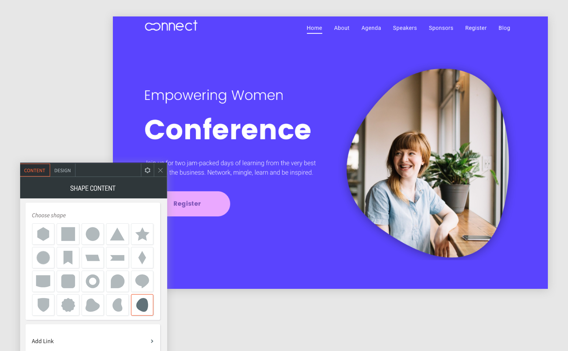 Context menu displaying all shape options for the widget