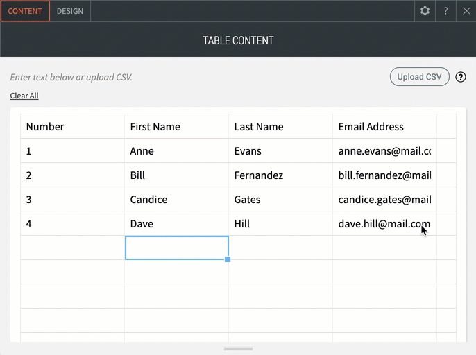 Content tab in the Table widget's context menu is open and displaying table content. An Upload CSV button in upper right corner.