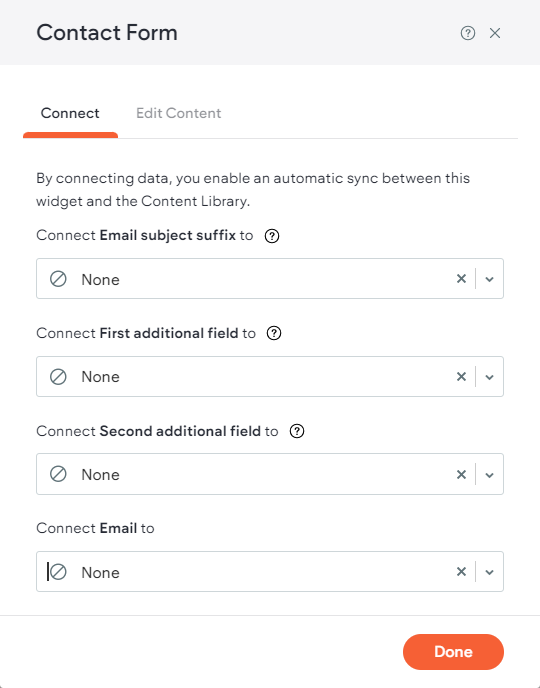 Connected data pop up with fields where you can click to select which data source to connect to